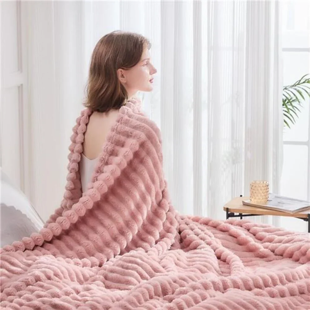 Super Soft Throw Blanket Pink Premium Silky Flannel Fleece Ribbed 50